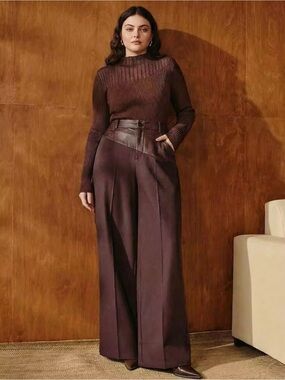 Anewsta Plus Women Fashionable Leather Patchwork Wide Leg Pants Slacks Brown